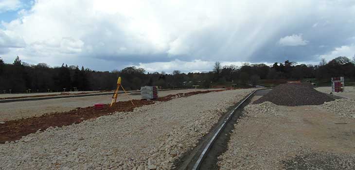 Kerb edging defines the roads and parking bays of the new car park