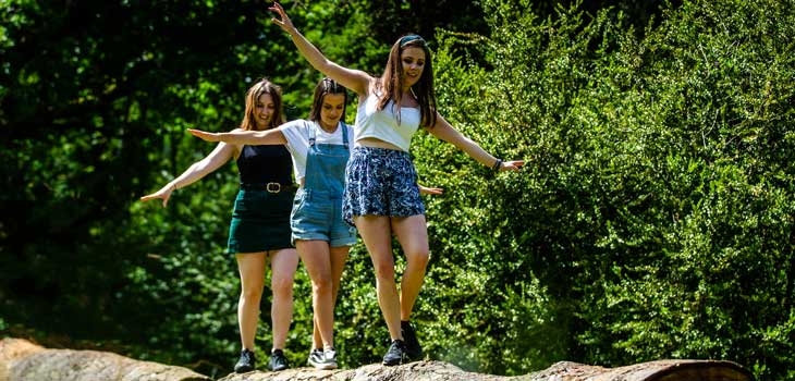 People walking along a felled tree trunk